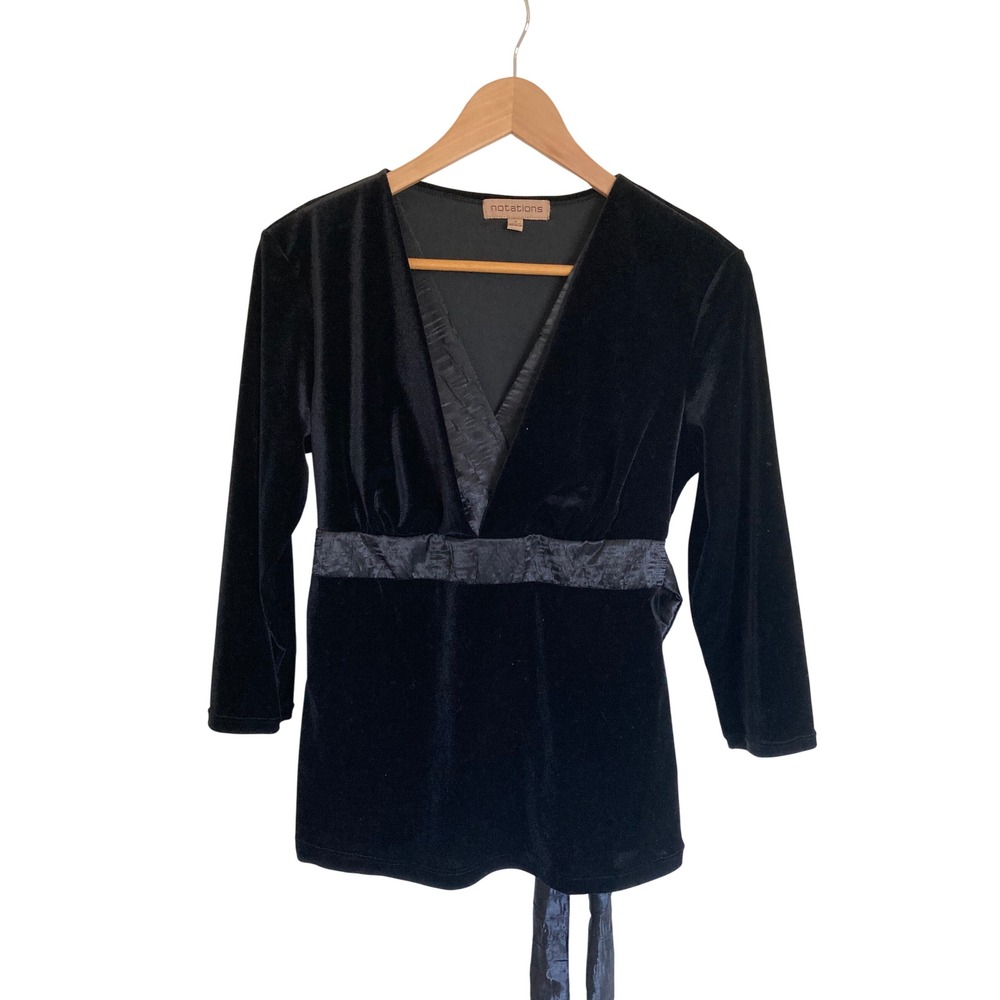 Notations Womens Black Velvet V-Neck Tunic Top Satin Tie Empire Waist Small